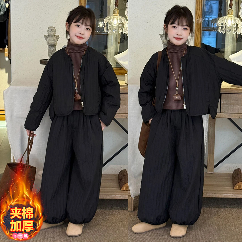 女童秋冬套装2025冬款儿童洋气加厚棉服外套中大童阔腿裤两件套