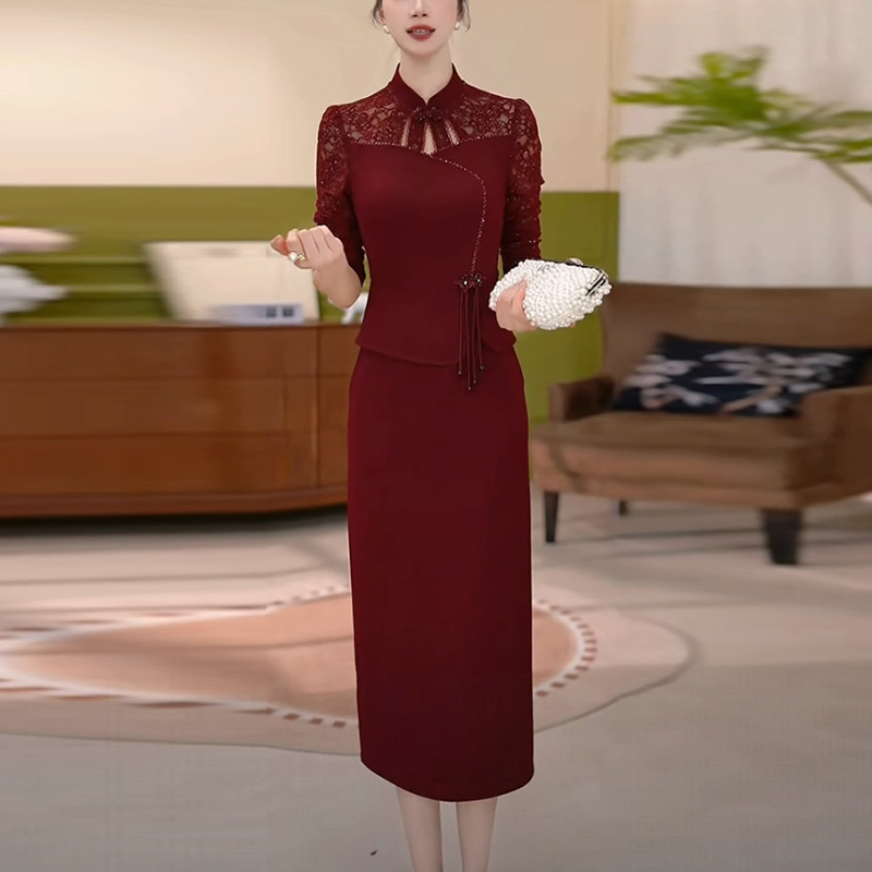 斜纹精纺新中式国风婚宴礼服秋冬秋季新款长袖红色假两件连衣裙子