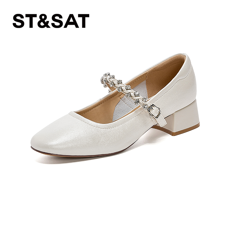 星期六女士夏季潮流百搭复古舒适透气一字带玛丽珍圆头粗跟单鞋