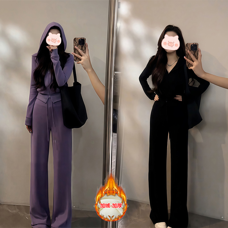 秋冬穿搭一整套女韩系新款时尚显瘦气质连帽外套休闲裤加绒两件套