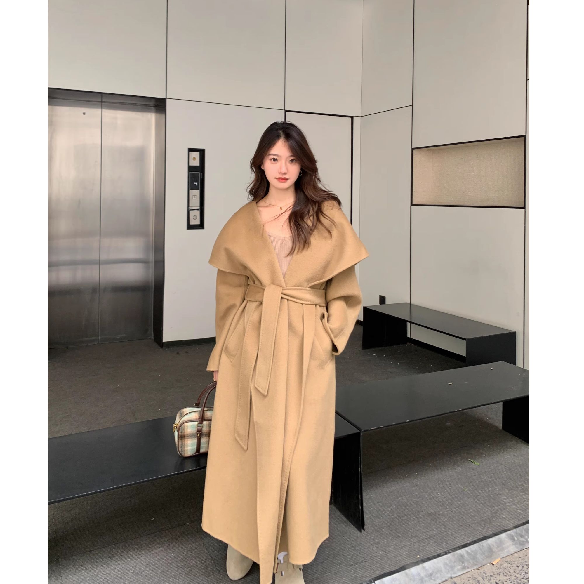 2025秋新慵懒宽松驼色大翻领双面呢羊毛大衣中长款山羊绒外套M家