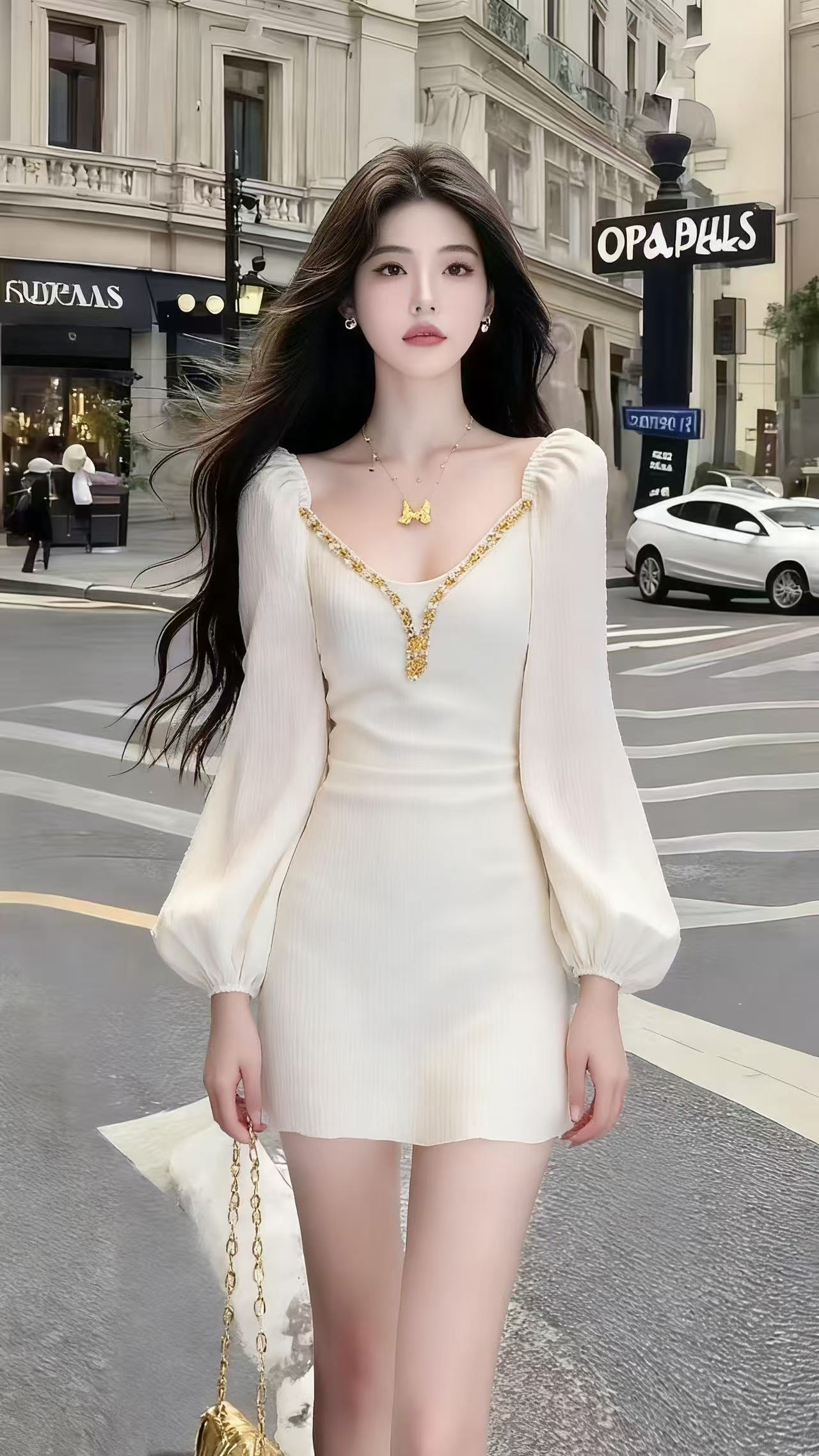 新款时尚轻奢优雅米白色U领长袖修身收腰连衣裙高级氛围感短裙女