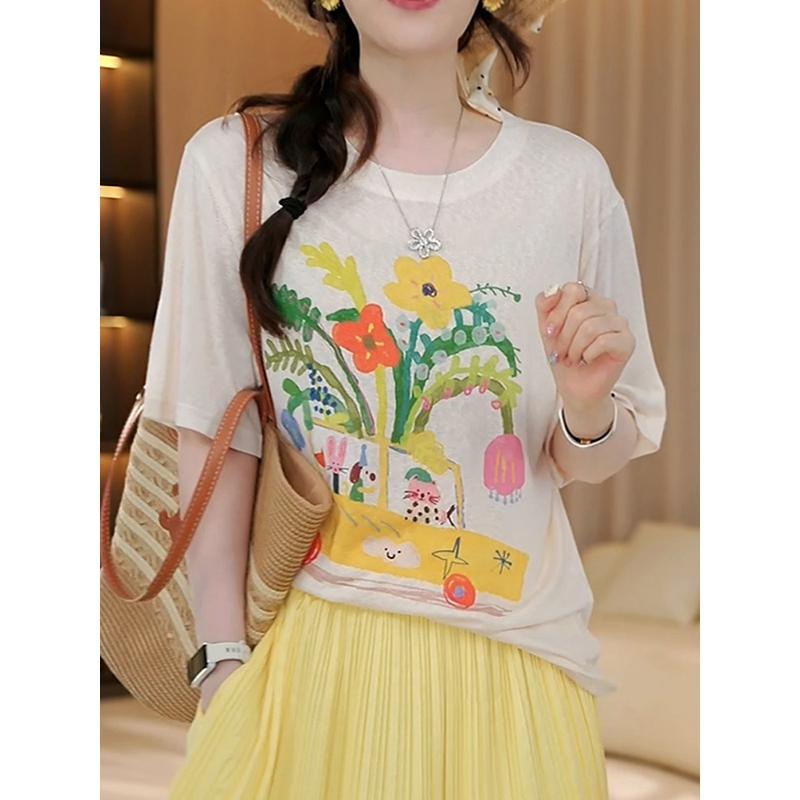 减龄卡通印花短袖T恤女2025夏季新款松弛感宽松百搭薄款上衣ins潮