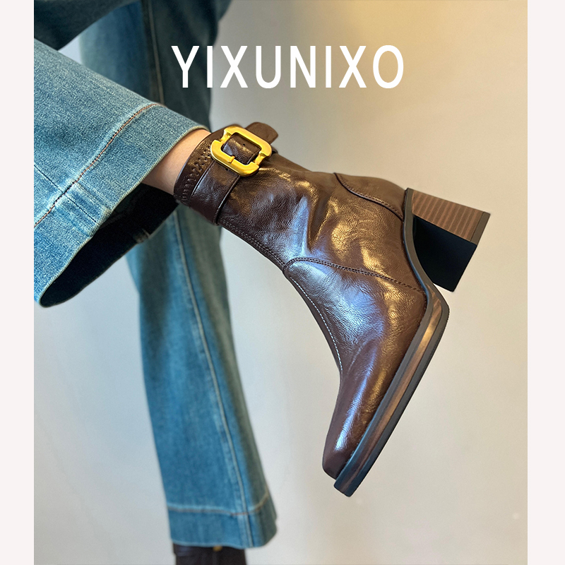 羊皮版~静音底方头高跟短靴女轻奢粗跟瘦瘦靴百搭显瘦新款马丁靴