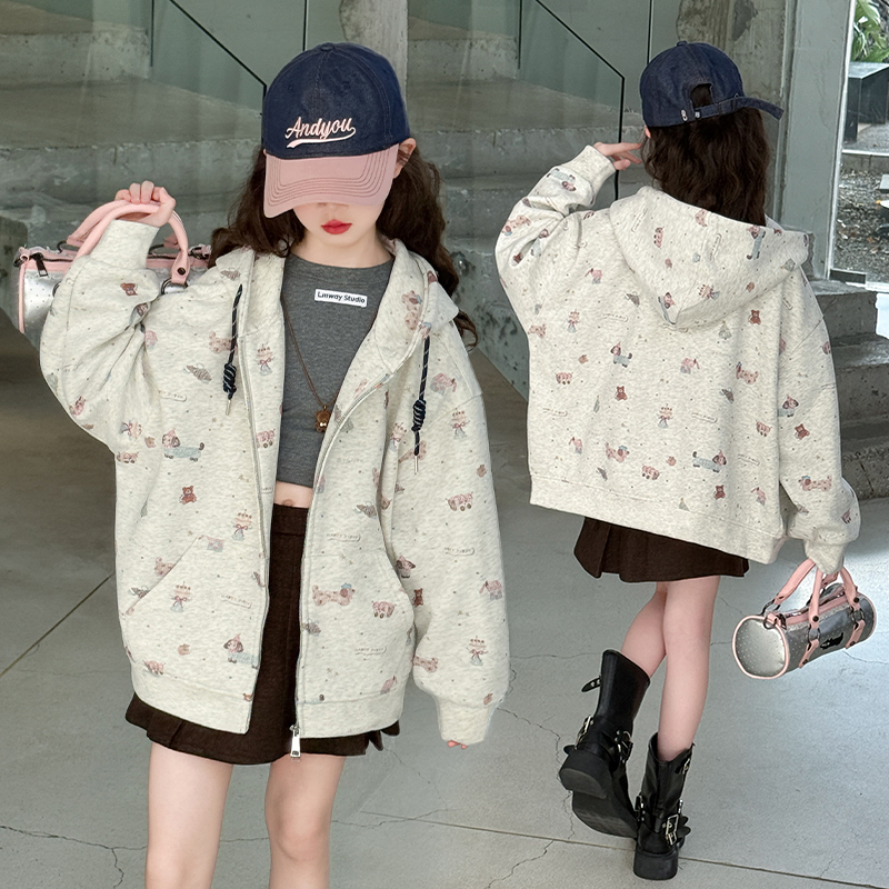 女童外套2025秋装新款中大童洋气休闲宽松连帽卫衣5-13岁女孩衣服
