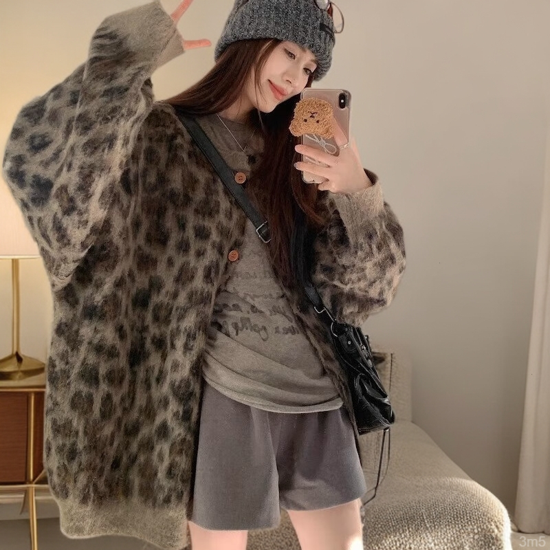 高级感撞色豹纹开衫毛衣外套2025秋冬新款慵懒风宽松软糯显瘦上衣