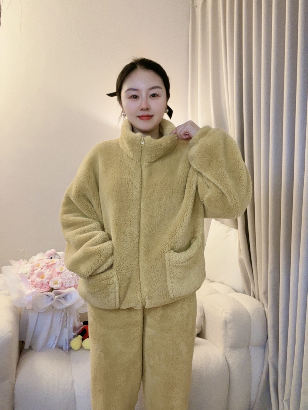 加厚睡衣女款保暖上衣松紧带立领家居服冬季长袖时尚