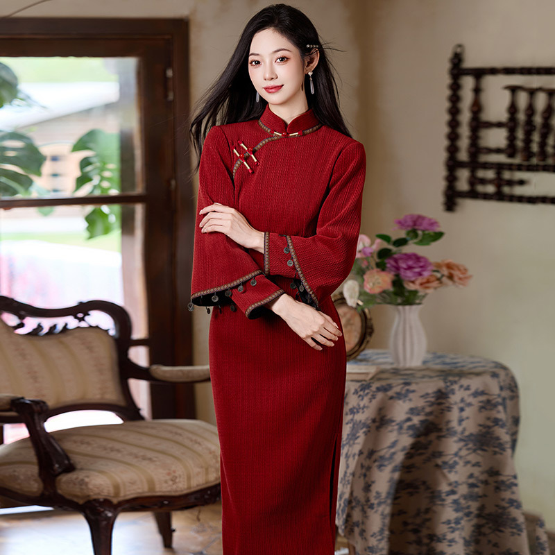 冬款红色长款中式秋冬加厚新款民国风长袖旗袍|2025年冬季加绒成