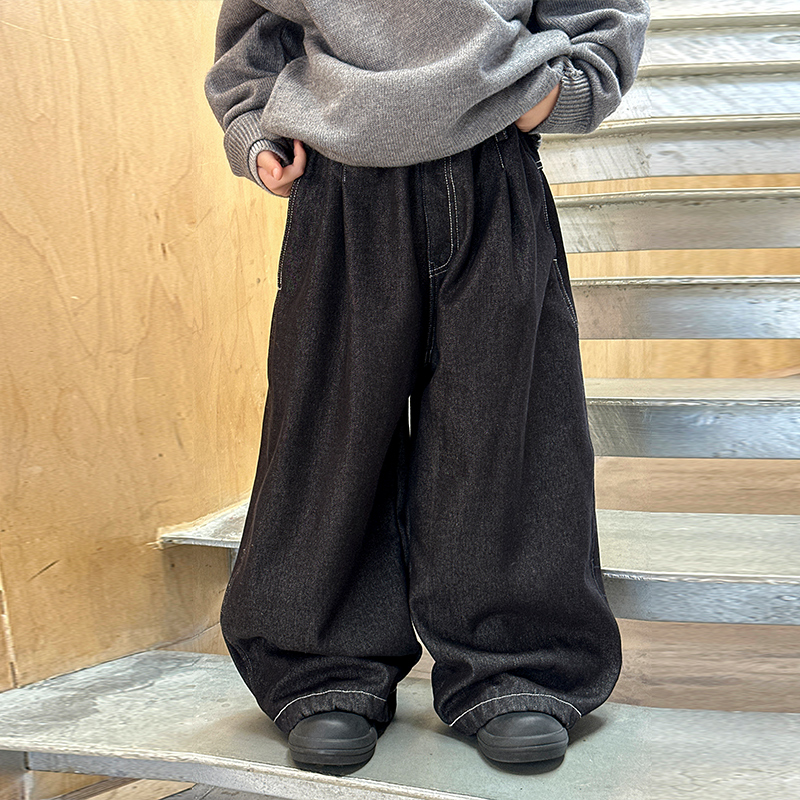男童加绒牛仔裤2025年秋冬新款慵懒风直筒长裤显瘦显腿牛仔阔腿裤