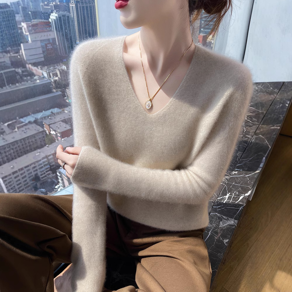 100%纯羊绒衫女无缝V领2025秋冬季厚款针织打底衫女百搭毛衣百搭