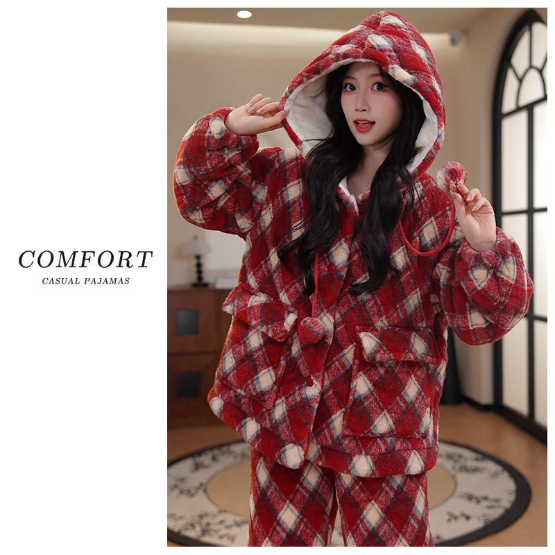 【加加加厚-更保暖】三层夹棉睡衣女士加绒加厚保暖家居服套装