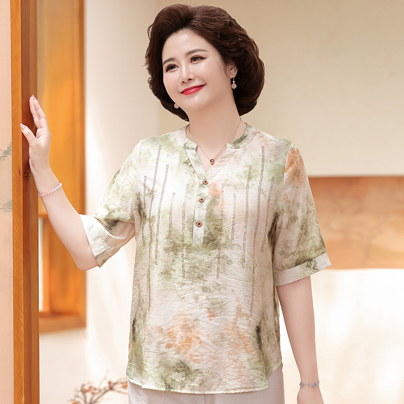 妈妈装夏季薄款小衫新款中老年人女装夏洋气短袖T恤2025新款上衣