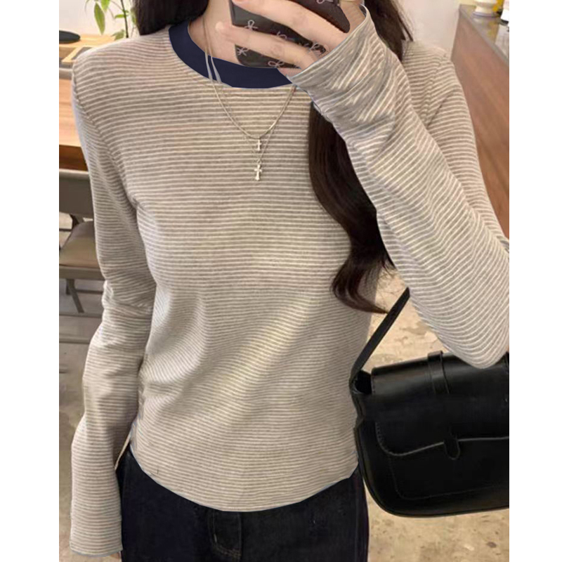 9203#撞色条纹长袖t恤女新款秋内搭打底衫韩系穿搭chic别致小上衣