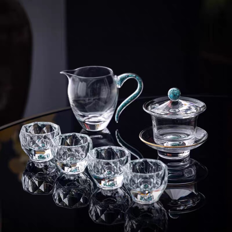 绿松石水晶玻璃盖碗茶杯整套茶具中秋套装大家简约白瓷茶具套装