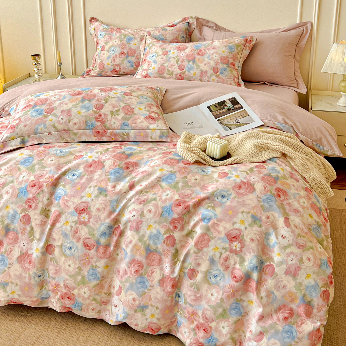 全棉生态磨毛四件套80支双股100%纯棉被套床单圆角荷叶边床品套件