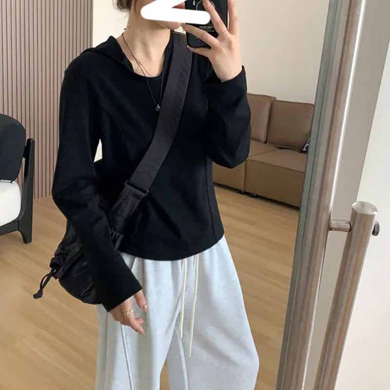 大码200斤简约纯色慵懒风正肩连帽长袖t恤女春季薄款百搭遮肉卫衣