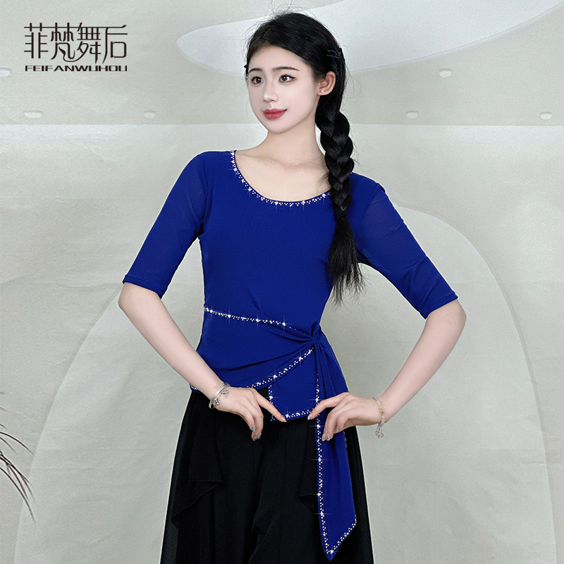 菲梵舞后舞蹈练功服上衣新款烫钻现代舞广场舞表演出团体服衣服夏