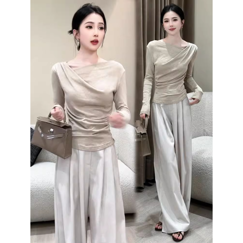 拉夏贝尔时尚套装女2025秋季新款时髦洋气斜领打底衫阔腿裤两件套