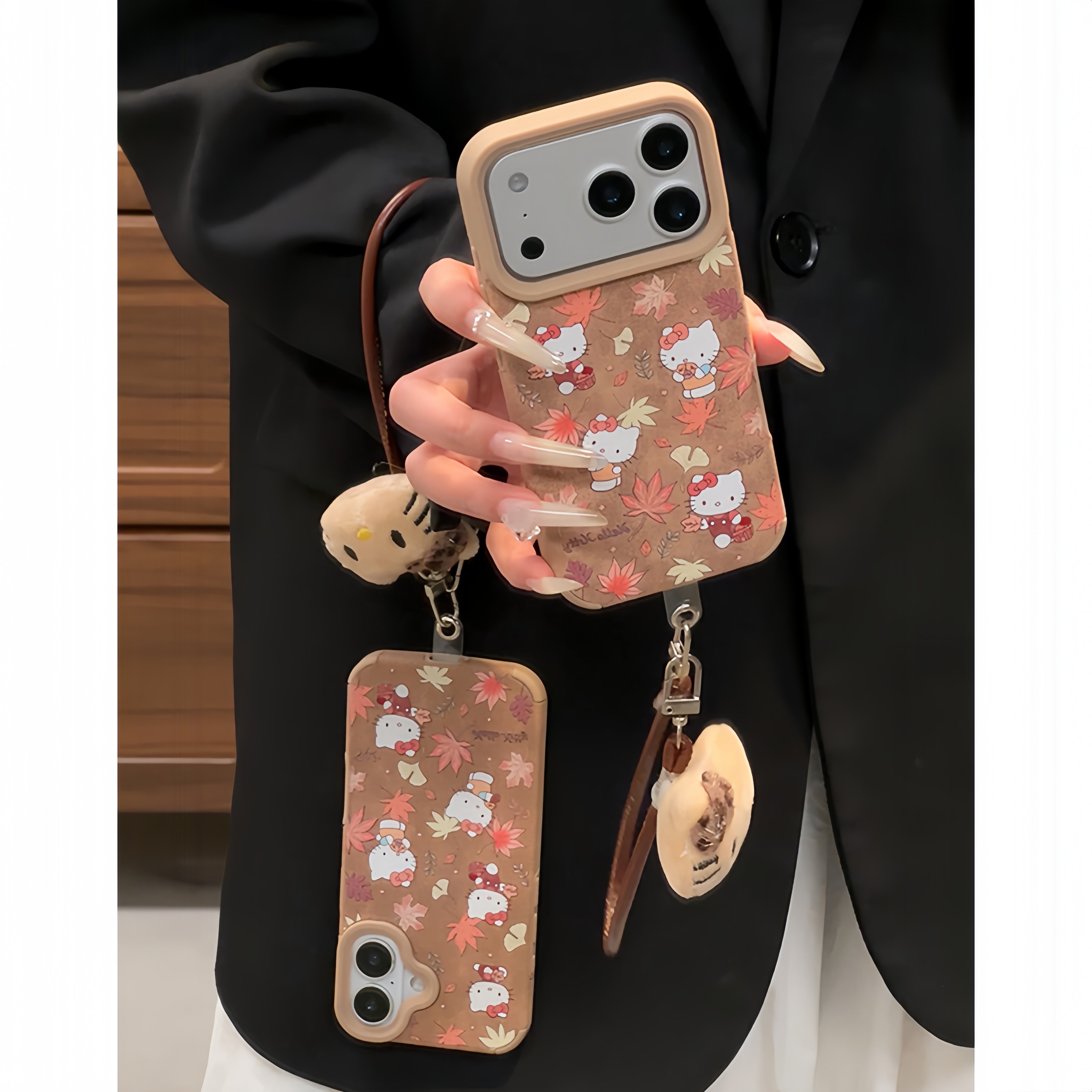 早秋枫叶KT猫挂绳适用苹果17麂皮手机壳16/15女华为vivoppo小米14