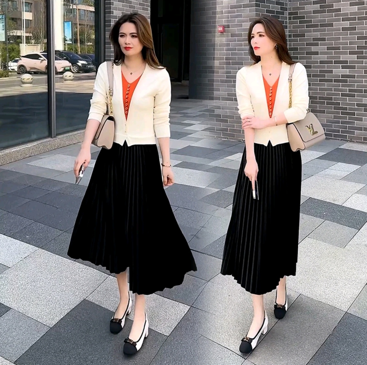 2025秋季V领连衣裙气质常规拼接显瘦春季套头长袖针织