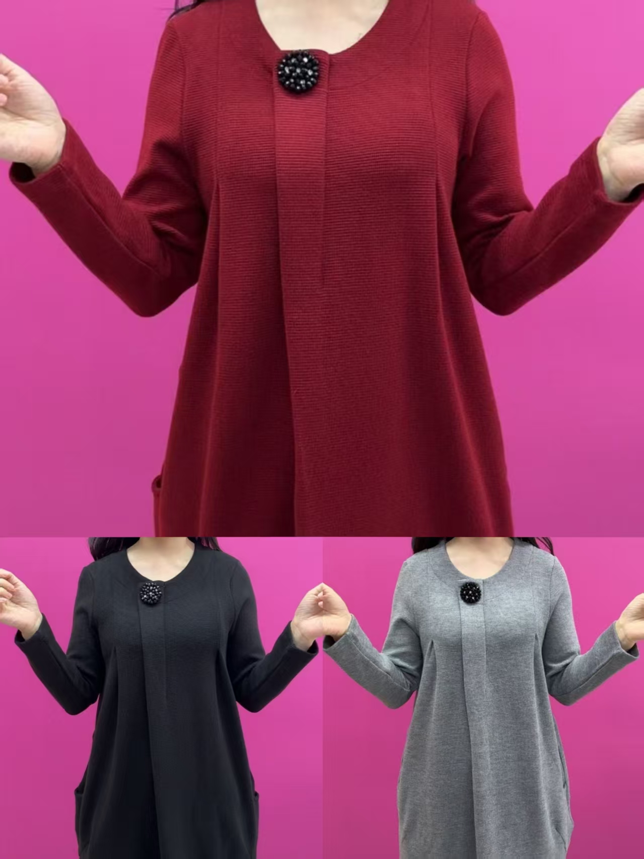 2973圆领一个扣两侧双兜中长裙