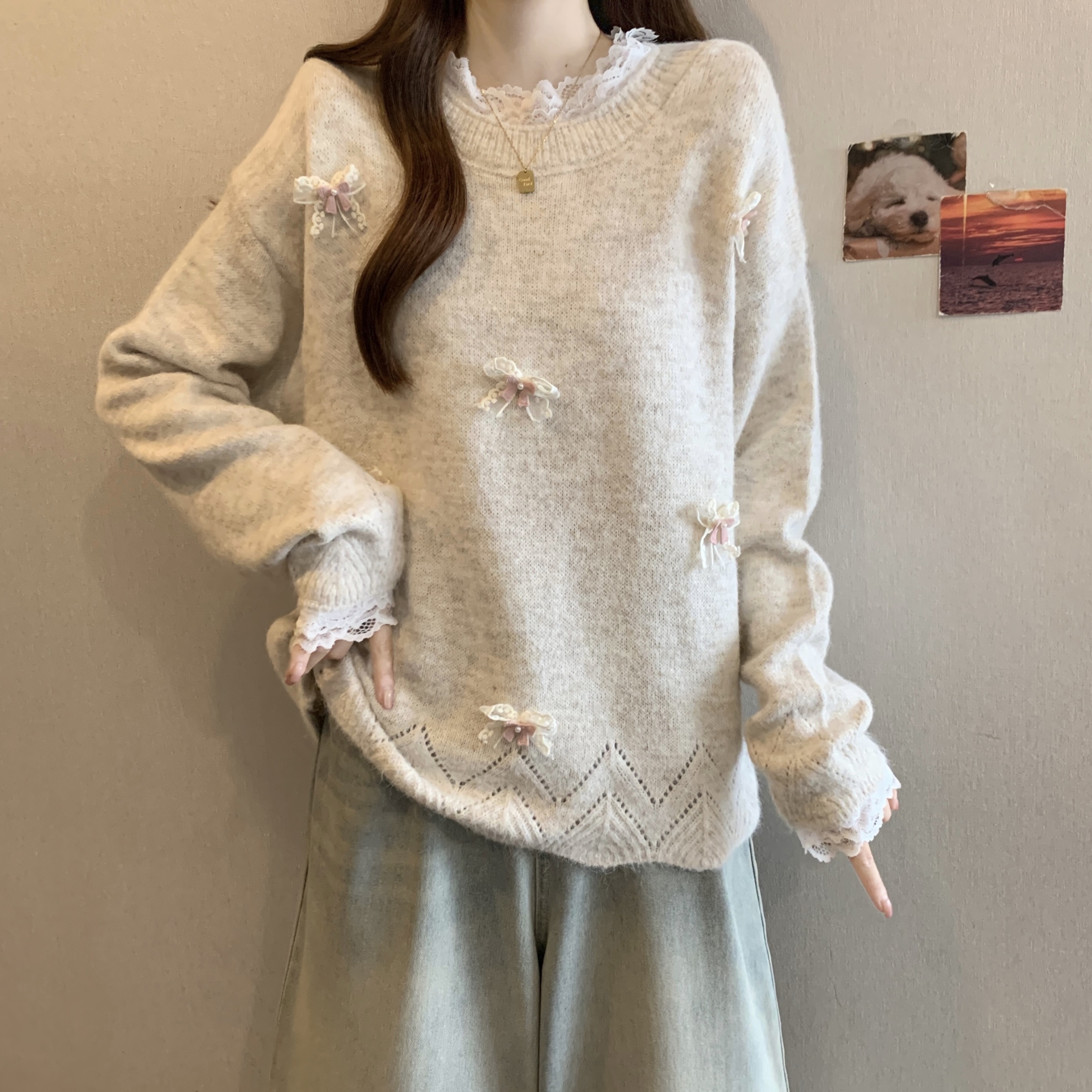 大码法式蕾丝蝴蝶结长袖针织衫女冬季慵懒风软糯毛衣胖MM显瘦上衣