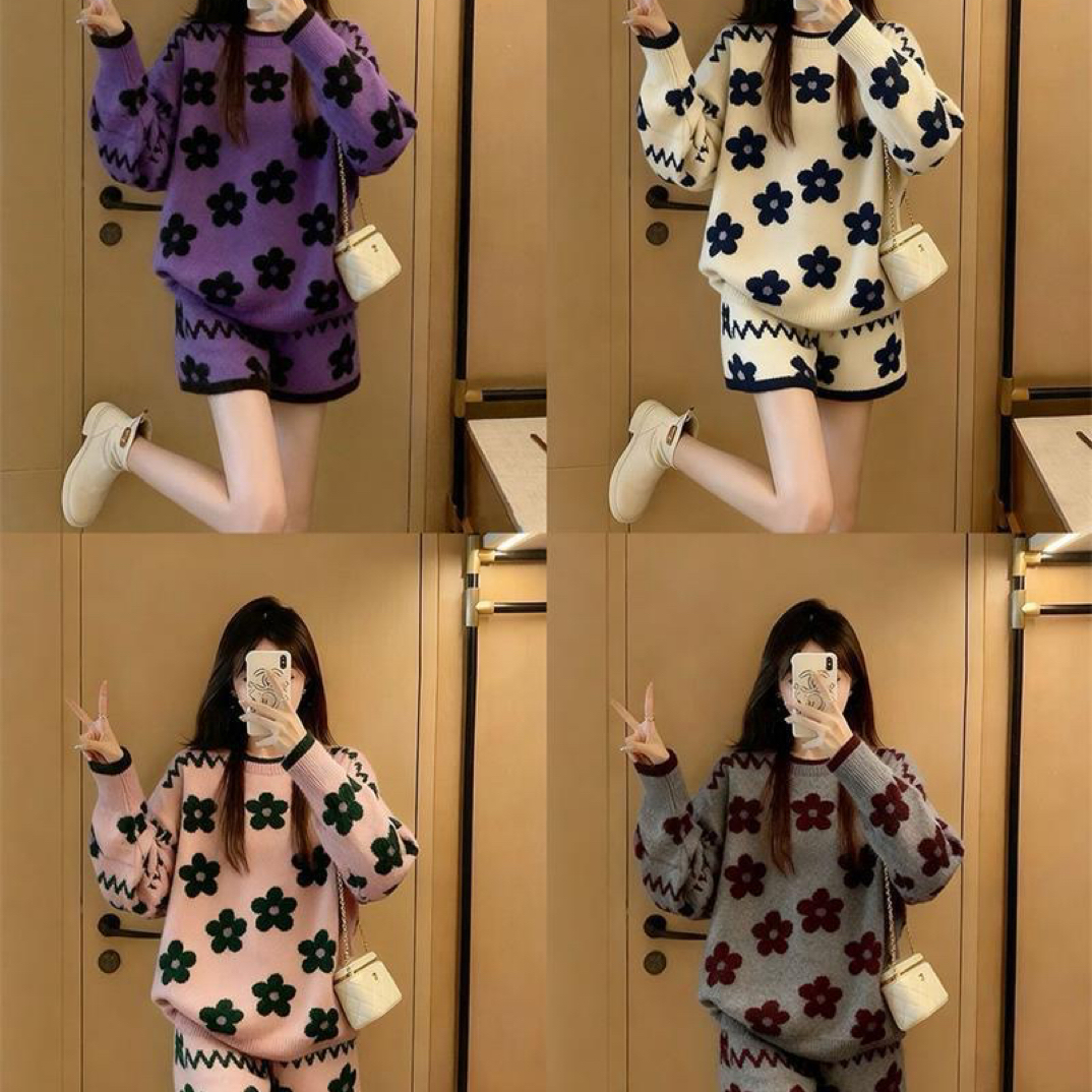 多色任选慵懒风休闲时尚通勤花朵毛衣+同色短裤百搭外穿两件套
