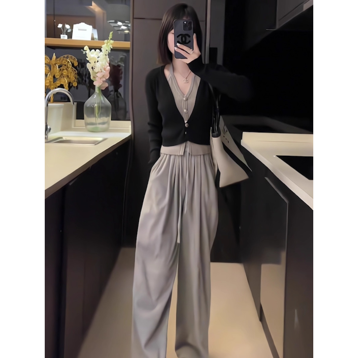 休闲运动套装秋季新款拼色假两件短款开衫长袖上衣休闲裤两件套女