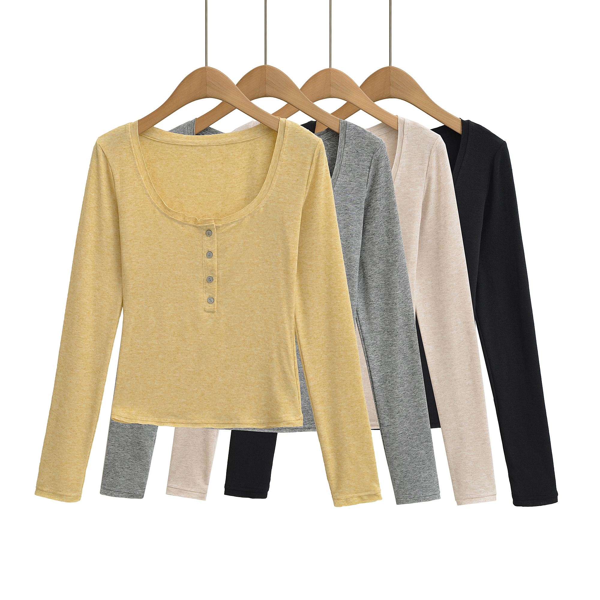 252091长袖U型领女纯色半扣长袖T恤春秋秋季薄款高腰