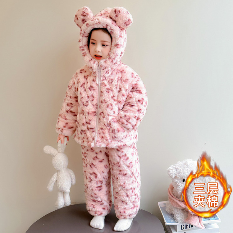 儿童睡衣冬款三层夹棉加绒加厚女童外穿家居服宝宝小女孩保暖睡袄
