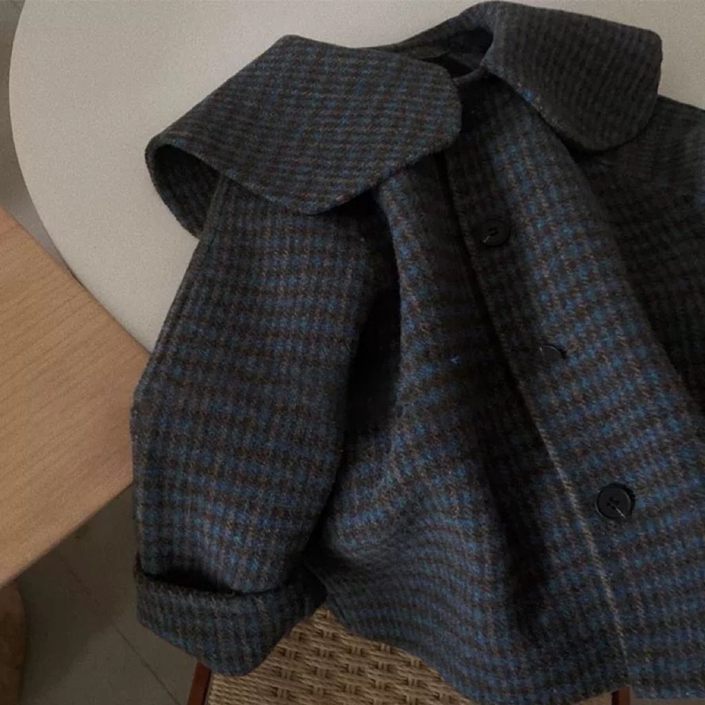 女童呢子外套童装格子翻领海军领学院风毛呢新款时尚洋气儿童上衣