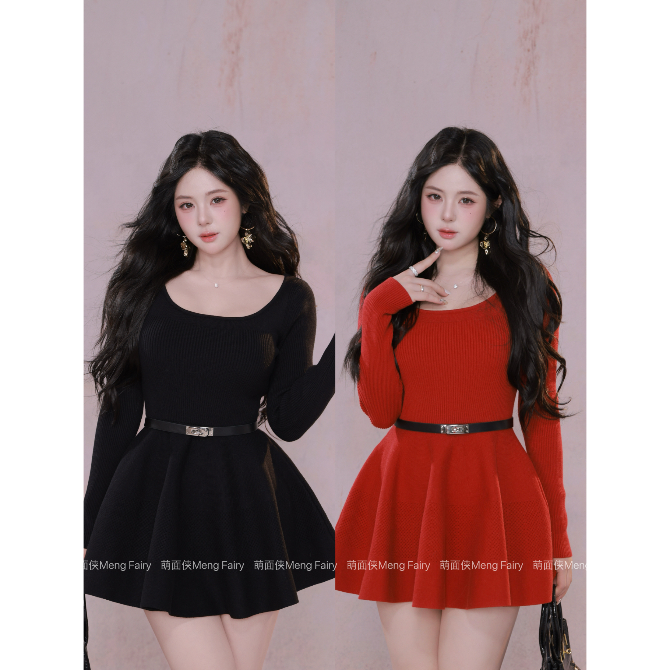 萌面侠【约会悸动】纯欲方圆领收腰小众设计感重工毛织连衣裙6618M