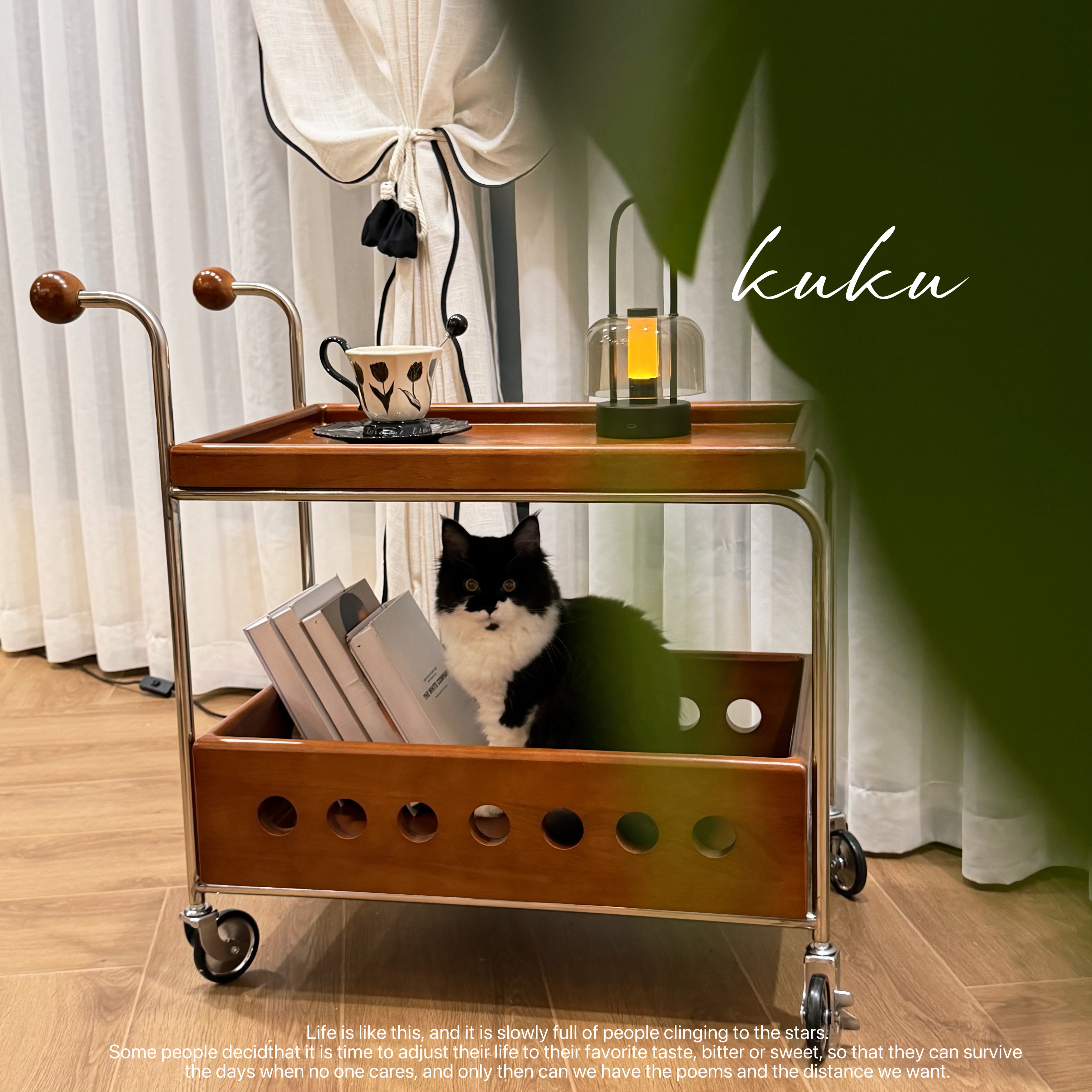 中古风设计师可移动多功能小推车小户型纯实木茶几边几刹车轮储物