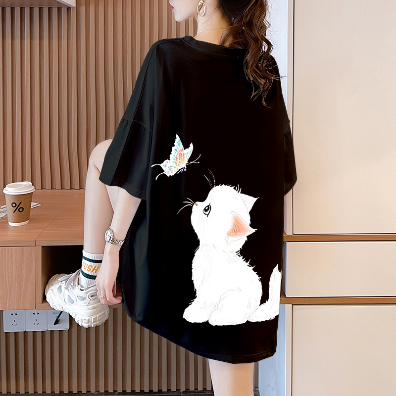 卡通猫咪短袖时尚t恤女中长款2025夏季新款宽松百搭遮肚纯棉上衣
