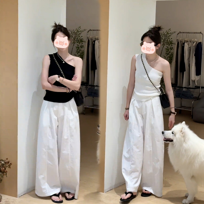 2025年夏季新款斜肩设计性感针织上衣宽松显瘦阔腿裤休闲两件套女