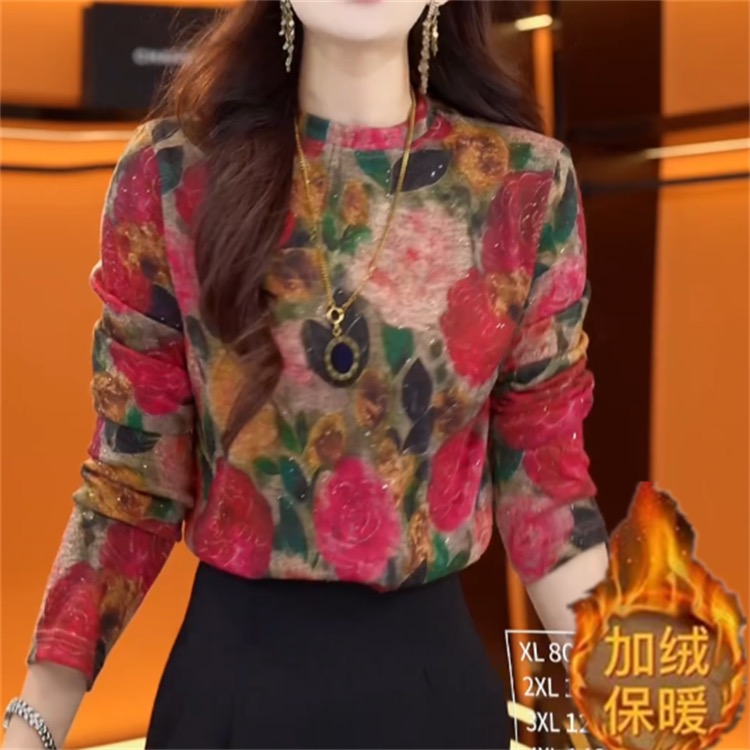 薄绒长袖网红复古老钱风打底衫圆领时尚套头款拼色韩版秋冬百搭