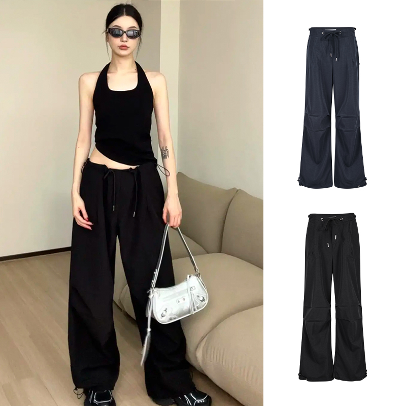 Moses Queen/魔西女王美式复古抽绳系带工装裤高腰显瘦拖地长裤