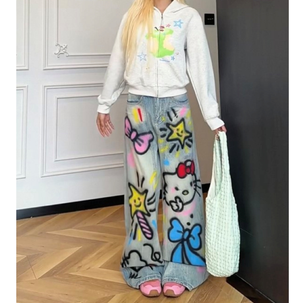 美式辣妹手绘涂鸦牛仔裤女2025秋季新款多巴胺设计感拖地弯刀裤子