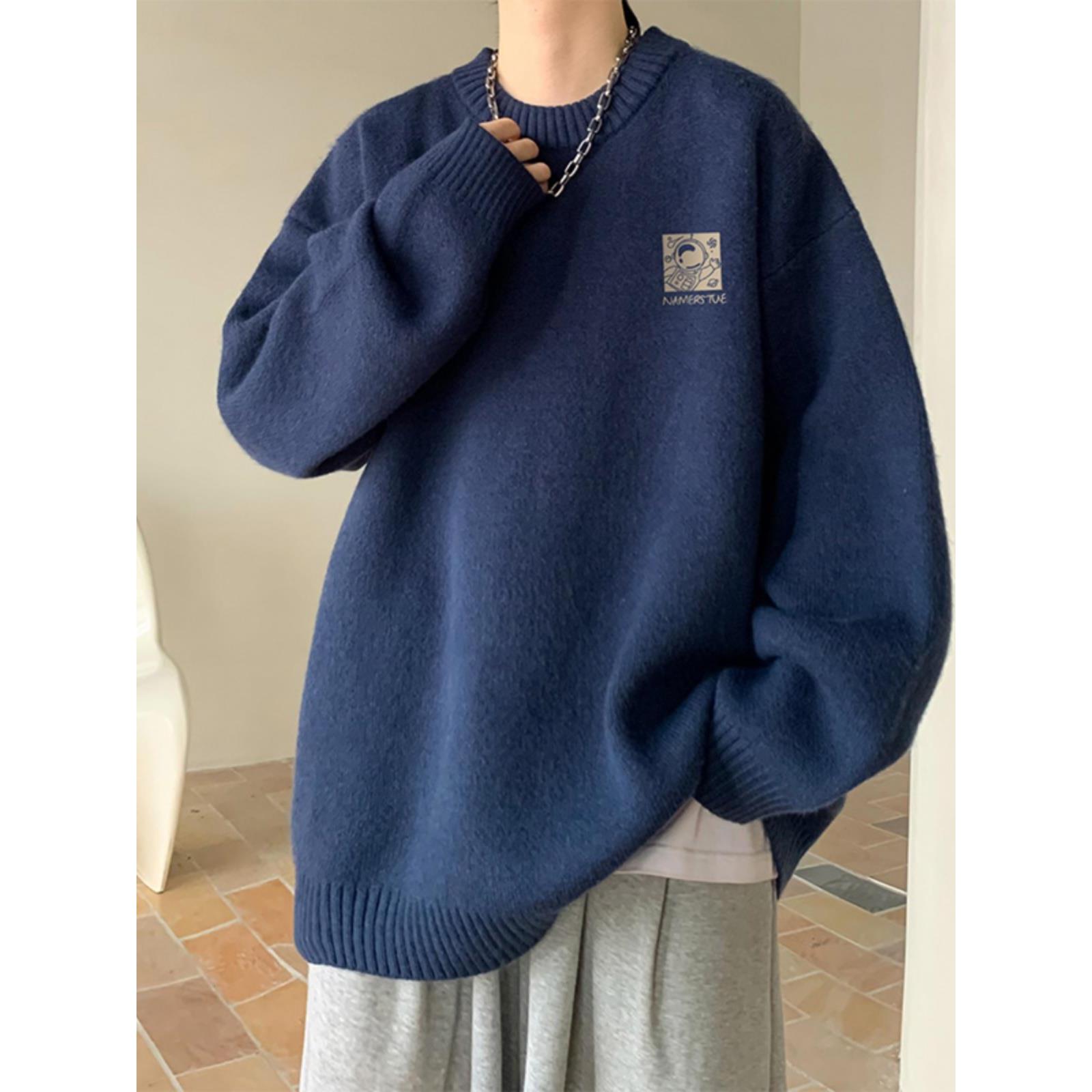 特大码300斤慵懒风藏青色圆领毛衣男士冬季保暖软糯打底针织衫潮2
