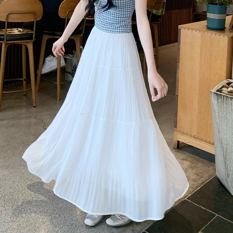 白色半身裙女夏季2025年新款显瘦大摆裙百褶皱a字伞裙蛋糕中长裙