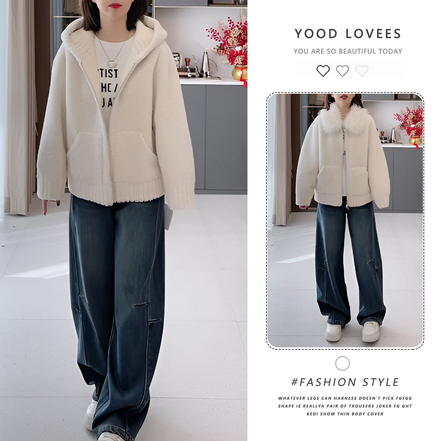 独特漂亮的杏色慵懒风小个子短款加厚设计感慵懒风毛领外套女冬季