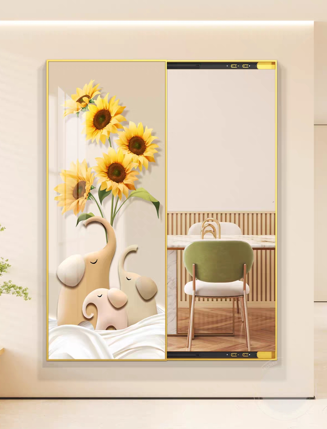 镜子隐形奶油风轻奢入户玄关装饰画隐藏式推拉全身镜走廊过道适用