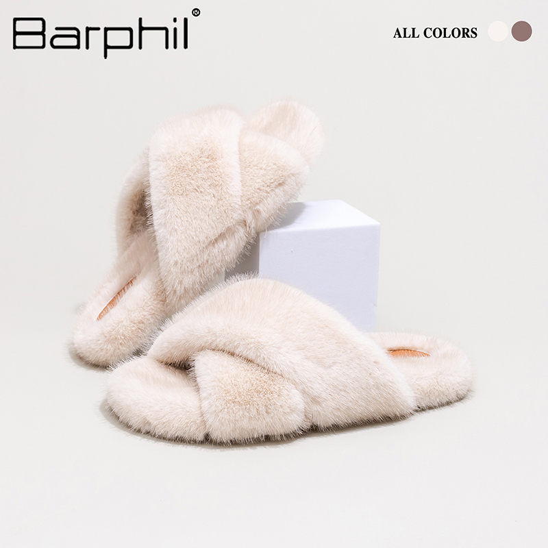 Barphil毛毛拖鞋女秋冬季2024新款交叉带棉拖鞋保暖加绒防滑外穿