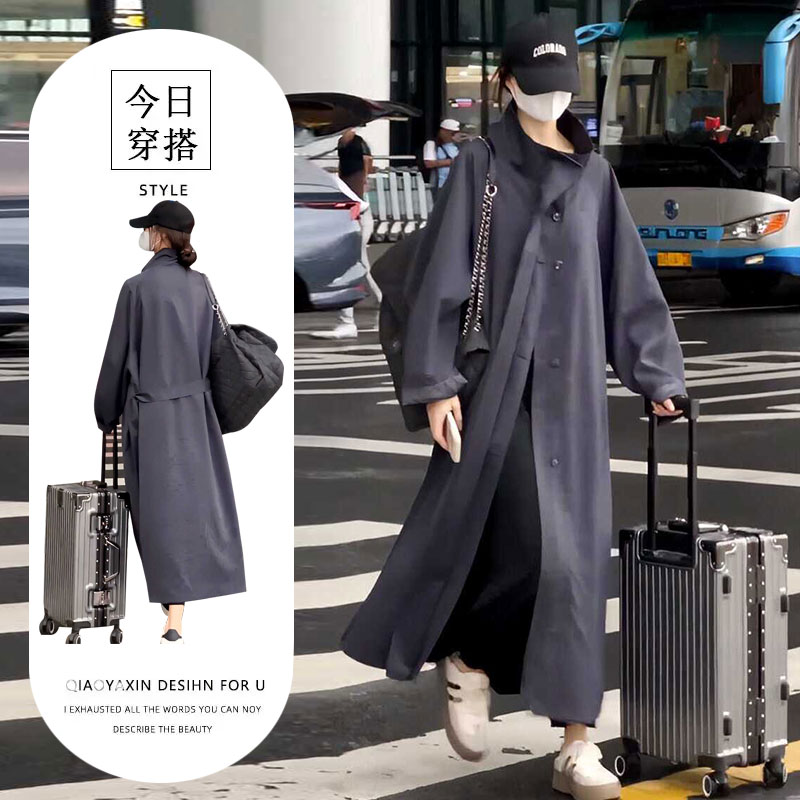 韩版绑带立领风衣外套女宽松收腰显瘦高级感小个子中长款气质上衣