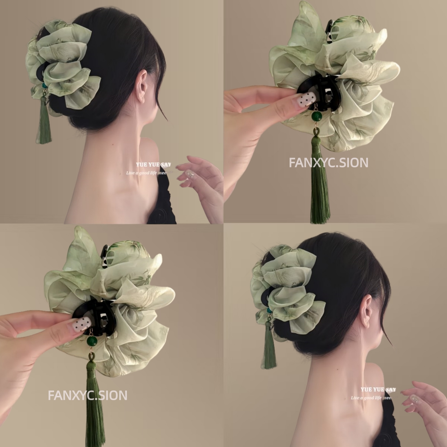 新中式时尚复古流苏云朵网纱抓夹大号发量多气质时尚鲨鱼夹发饰品