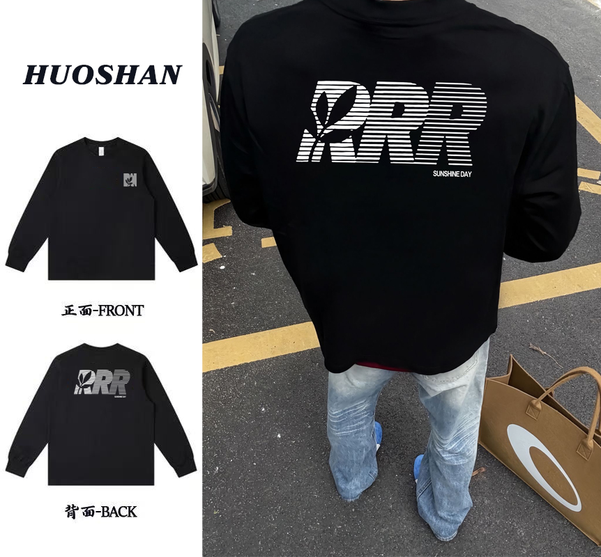 秋冬四叶草字母设计感印花重磅纯棉长袖t恤男上衣宽松百搭情侣ins