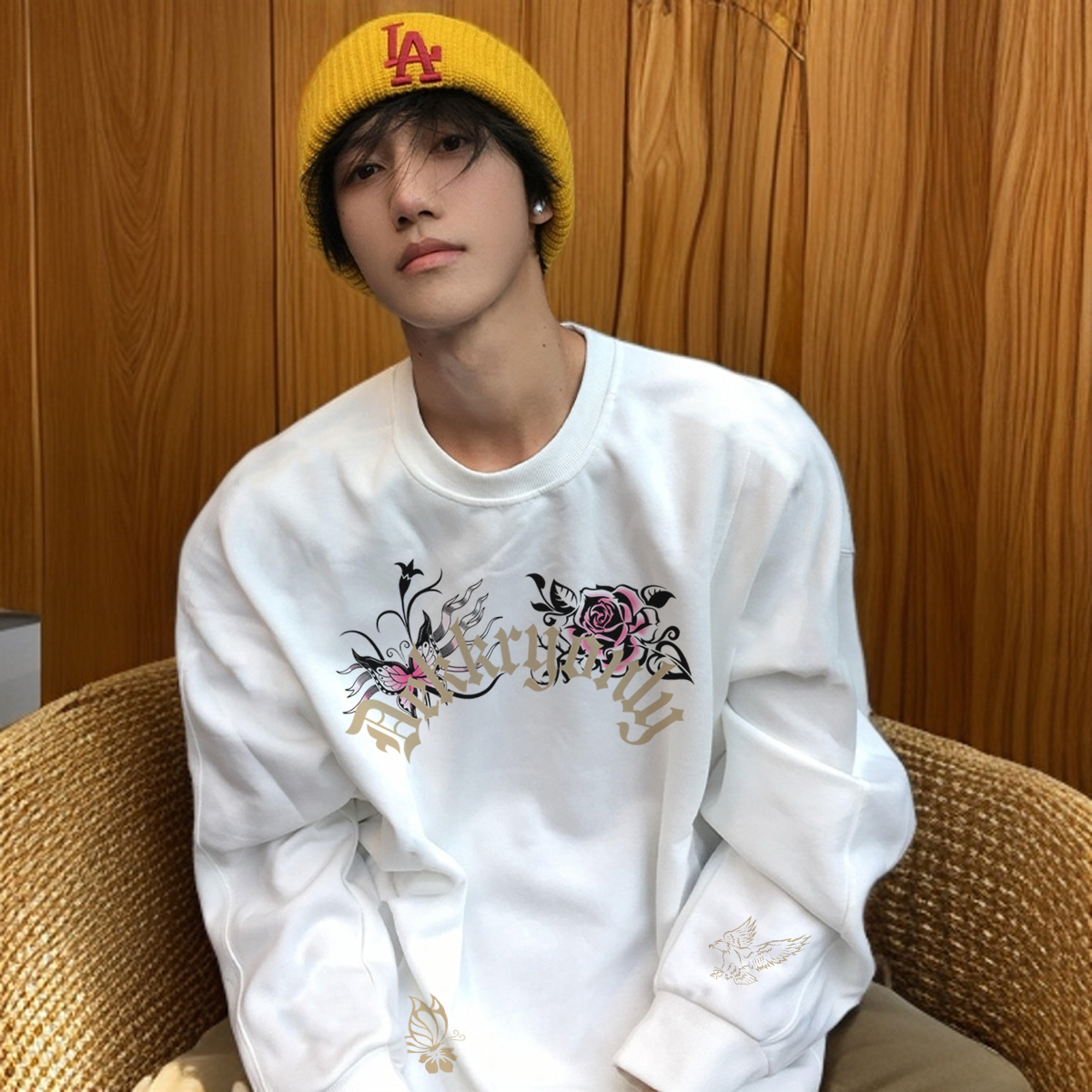 美式玫瑰花老鹰印花纯棉长袖T恤男女秋季ins潮牌百搭宽松打底上衣