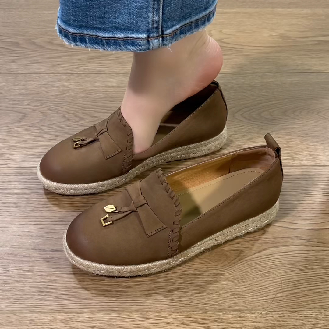 2025秋季新款舒适不磨脚百搭草编渔夫鞋厚底编织小个子乐福鞋女款