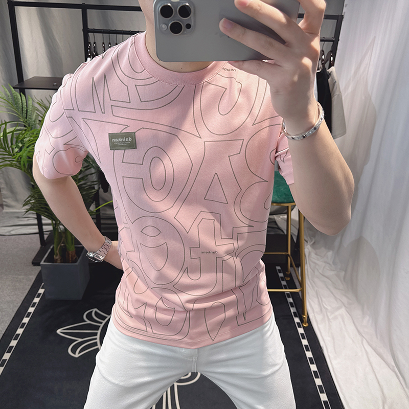 设计感夏季个性潮牌粉色短袖t恤男2025新款时尚百搭休闲上衣圆领