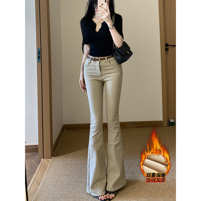 老钱风复古卡其色加绒微喇牛仔裤女2025冬季新款高腰弹力显瘦长裤
